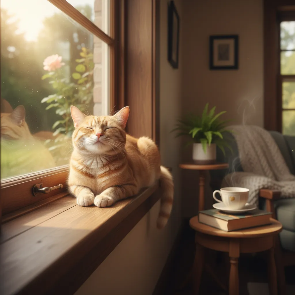 A cat sitting on a windowsill next to a cup of coffee